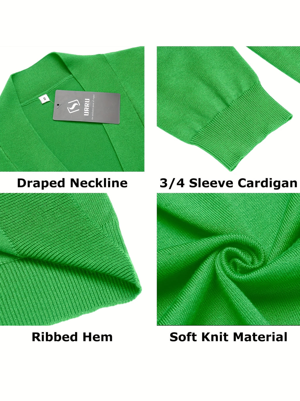 Cropped Open Front Cardigan Women 3/4 Sleeve Knit Shrug Ribbed Hem Draped Neckline Lightweight Stretchy Layering Top 9 Colors Spring Summer Fall S-XXL