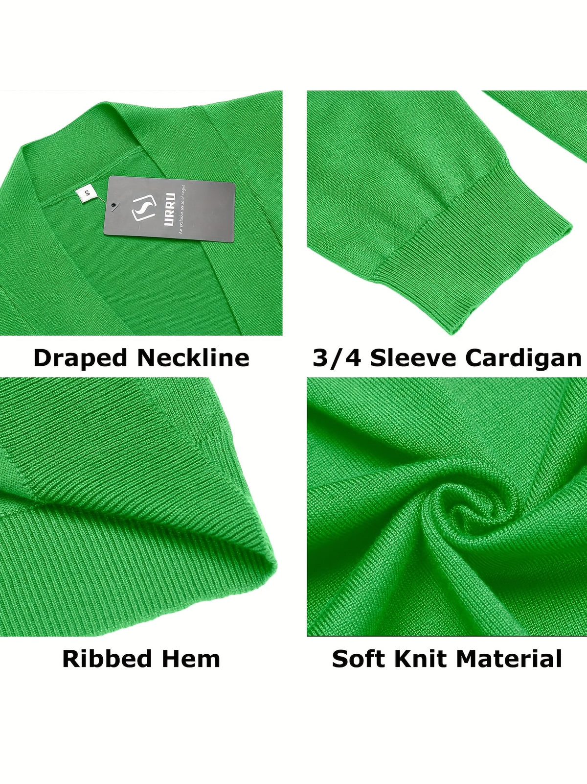 Cropped Open Front Cardigan Women 3/4 Sleeve Knit Shrug Ribbed Hem Draped Neckline Lightweight Stretchy Layering Top 9 Colors Spring Summer Fall S-XXL