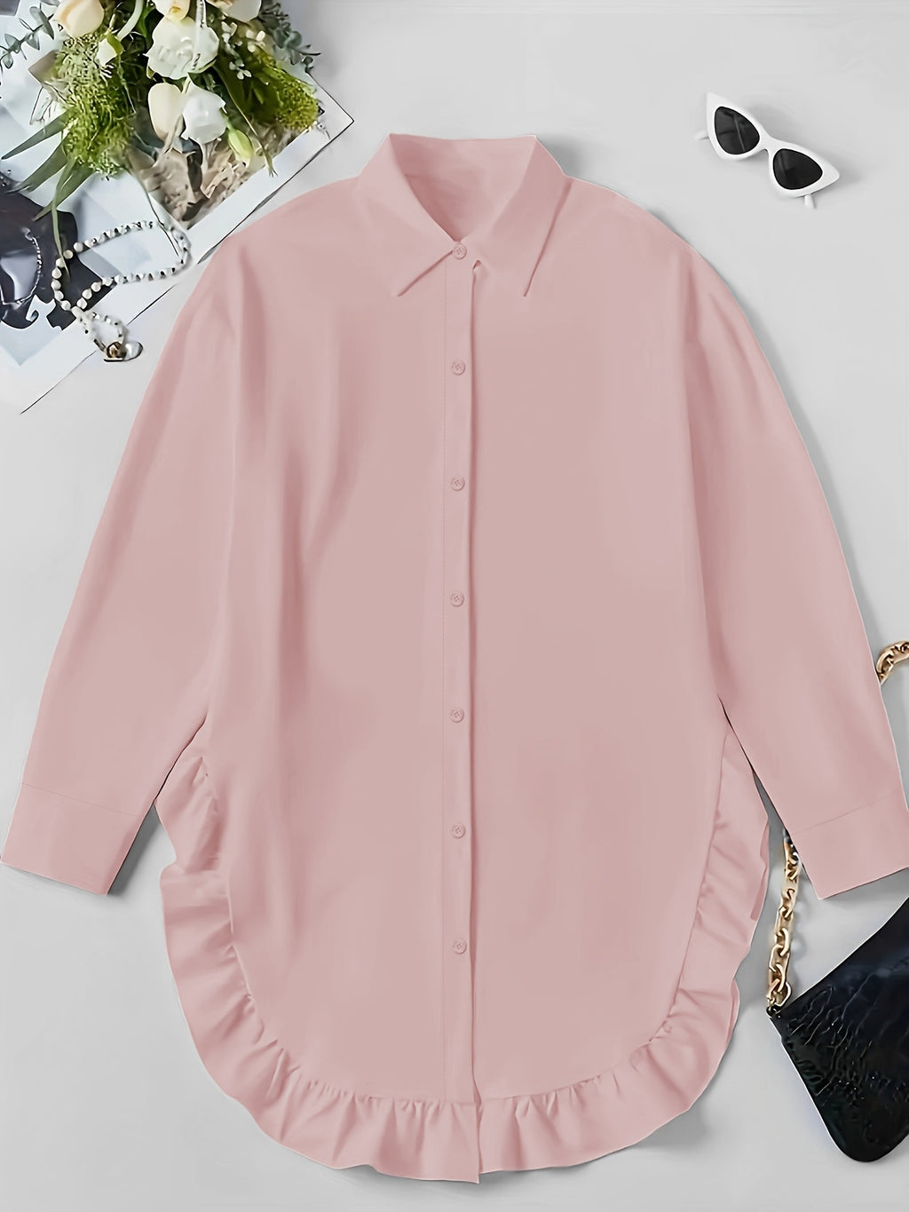 Ruffle Shirt Women Loose Oversized Frill Detail Casual Elegant Blouse Spring Summer Office Top S M L XL XXL