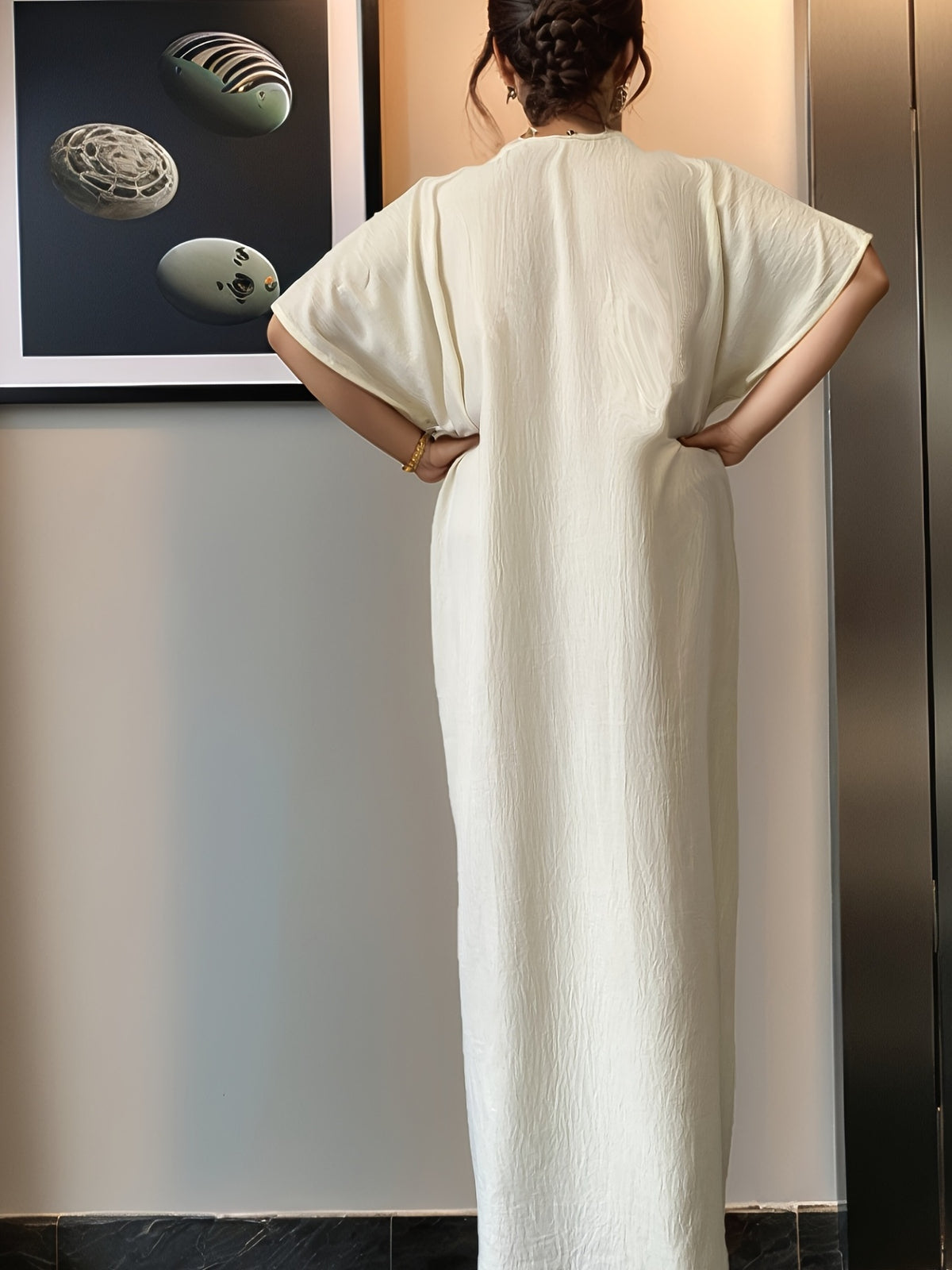 Women's Kaftan Dress Muslim Short Sleeve Round Neck Modest Robe for Hajj Eid Wedding Everyday Wear Year-Round Comfortable Cultural Dress for Women