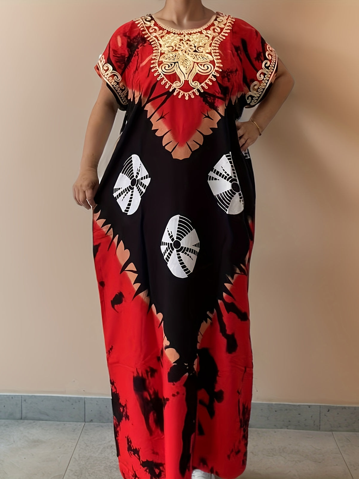 Kaftan Dress Women Floral Print Long Sleeve Embroidered Middle Eastern Ramadan Maxi Dress Straight Cut One Size