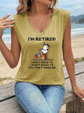 Women's V-Neck Sleeveless Tank Top Funny Retired Cartoon Graphic Tee Breathable Stretch Knit Summer Beach Casual T-Shirt