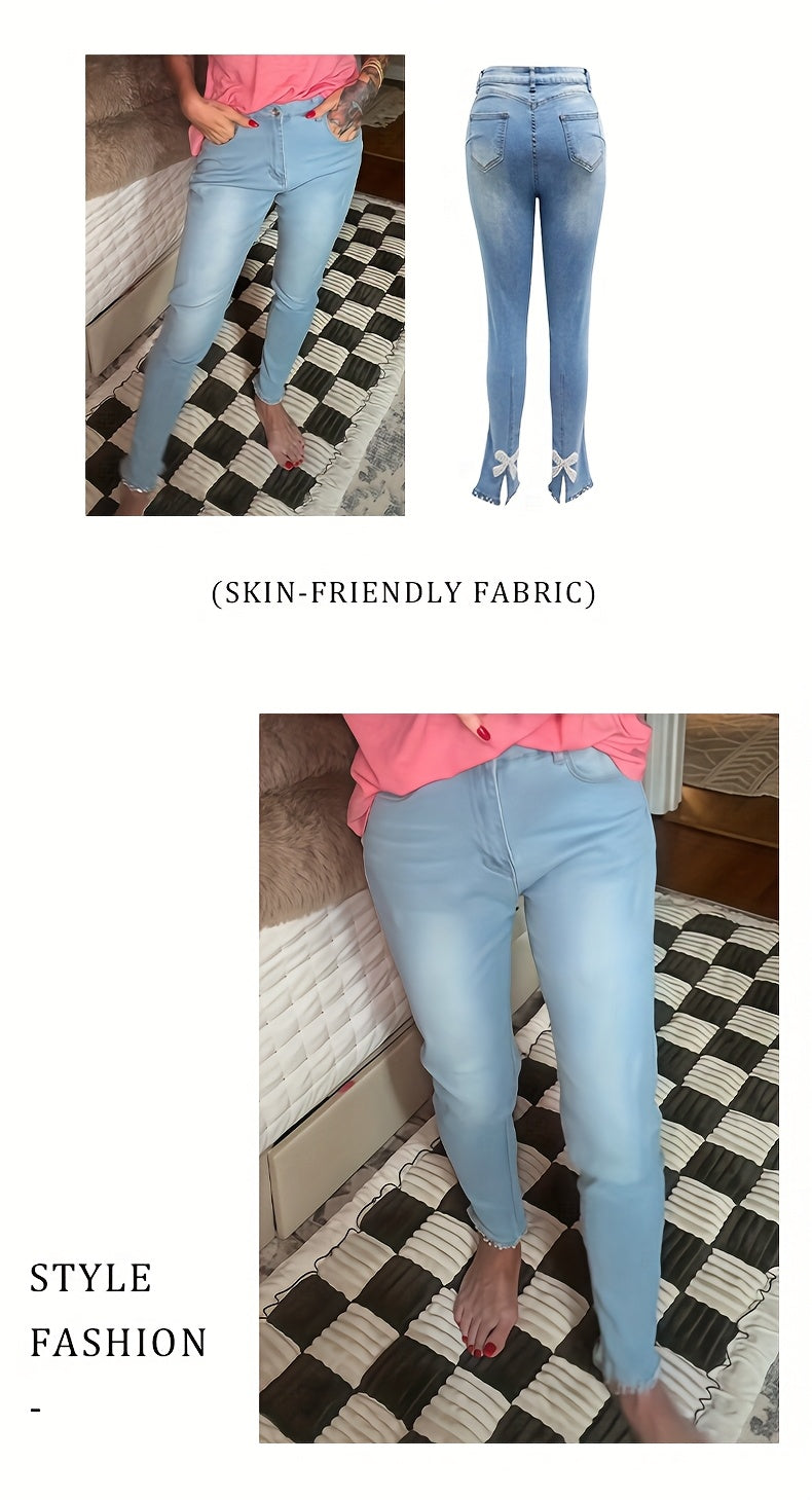 Butterfly Applique Bead Embellished Skinny Pencil Pants Women Split Hem Elegant Dressy Trousers Light Blue Blue S-XXL