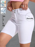 White High Waist Denim Shorts for Women - Double Breasted Button Fly, Multi-Rivet Detail, Butt Lift High Stretch Fabric, Flattering Casual Summer Jean Shorts