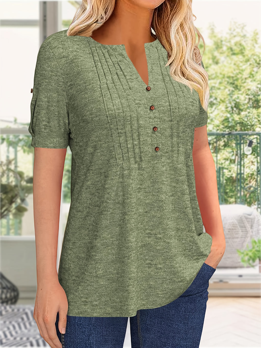 Button Front V-Neck Top Women Pleated Detail Short Sleeve Solid Color Casual Summer Blouse Lightweight Breathable Machine Washable