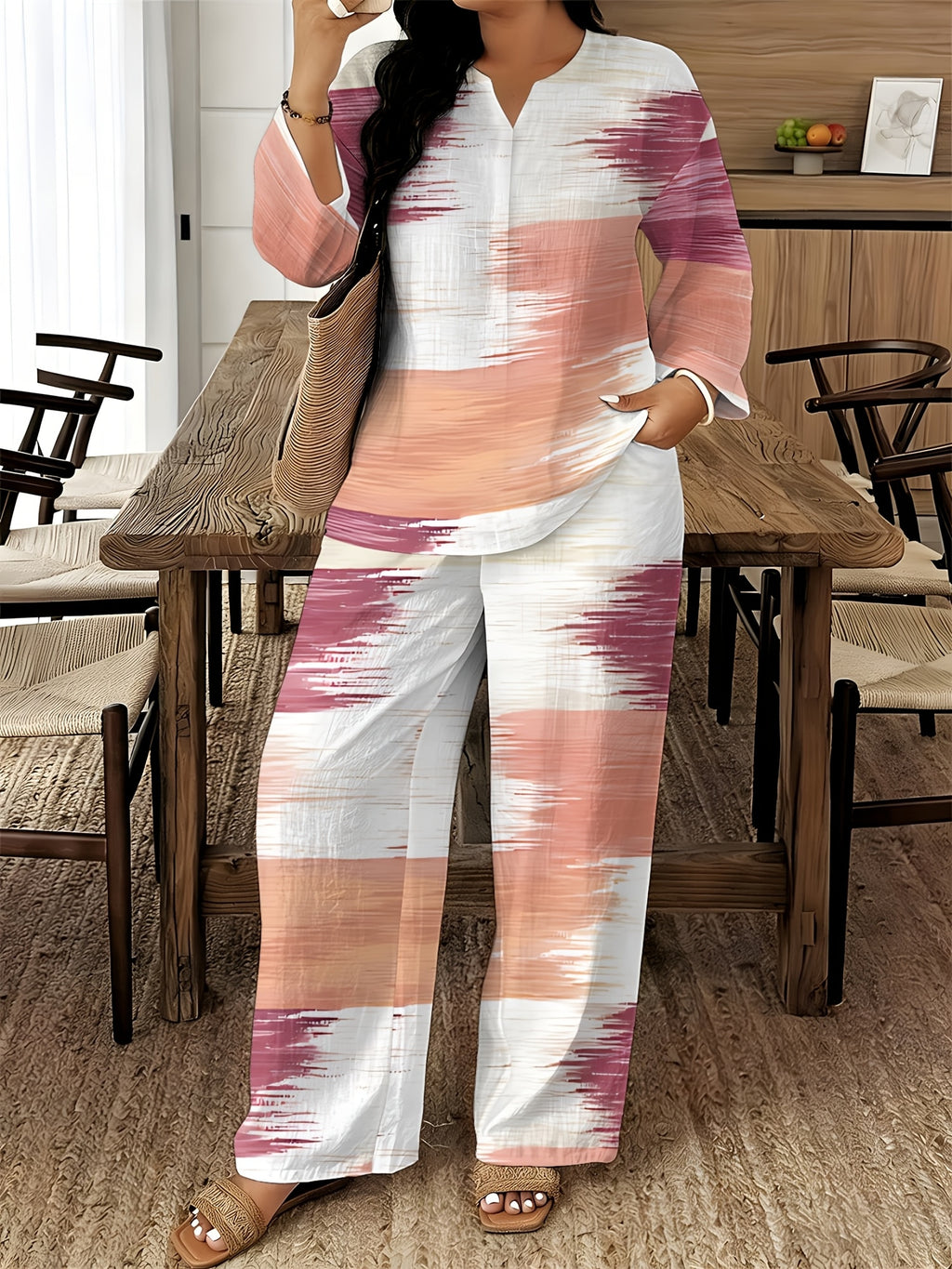 V-Neck Long Sleeve Printed Shirt Pants 2pcs Set Women Floral Digital Print Elastic Waist Casual Loungewear Spring Summer Two-Piece Outfit 15 Colors S-XXL
