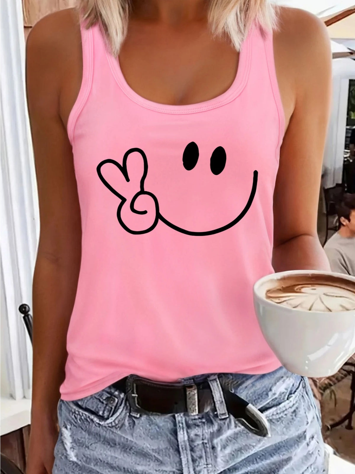 Smile Graphic Sleeveless Sports Vest for Women Elastic Athletic Tank Top Casual Outdoor Activewear Loose Fit Summer Leisure Shirt