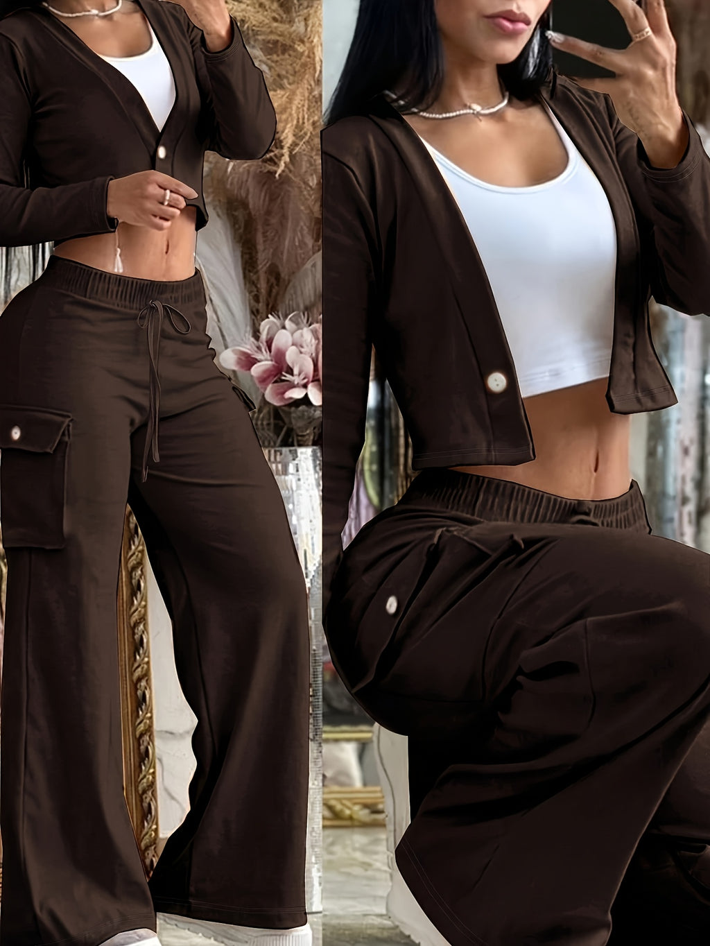 Women's 2 Piece Set Green Cardigan & Camouflage Cargo Pants Y2K Style V-Neck Button Blazer Belted Waist Streetwear Outfit