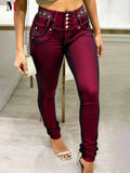 Burgundy Stretch Jeans Women Waist Embroidery Mid-Rise Butt-Lift Denim | Wine Red Elegant Slim Fit Long Pants All Season Trendy Fashion S-XXL