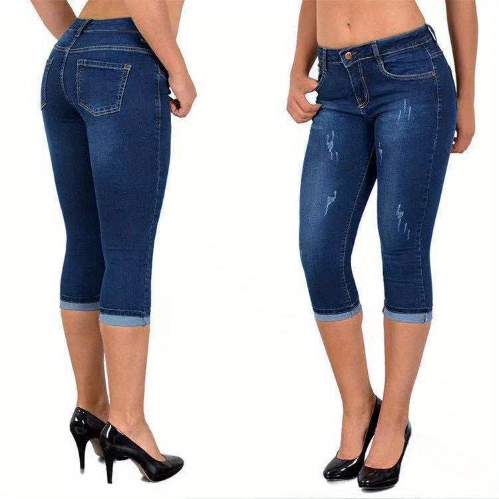 Stretch Skinny Capri Jeans Women Elastic Waist Cropped Denim Pants Street Style Summer Black Light Blue Dark Blue S M L XL XXL