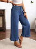 High-Waisted Capri Denim Jeans for Women - Elastic Waistband Ruffled Hem Straight-Leg Pants, Loose Comfortable Fit with Pockets for Casual Spring & Summer Wear