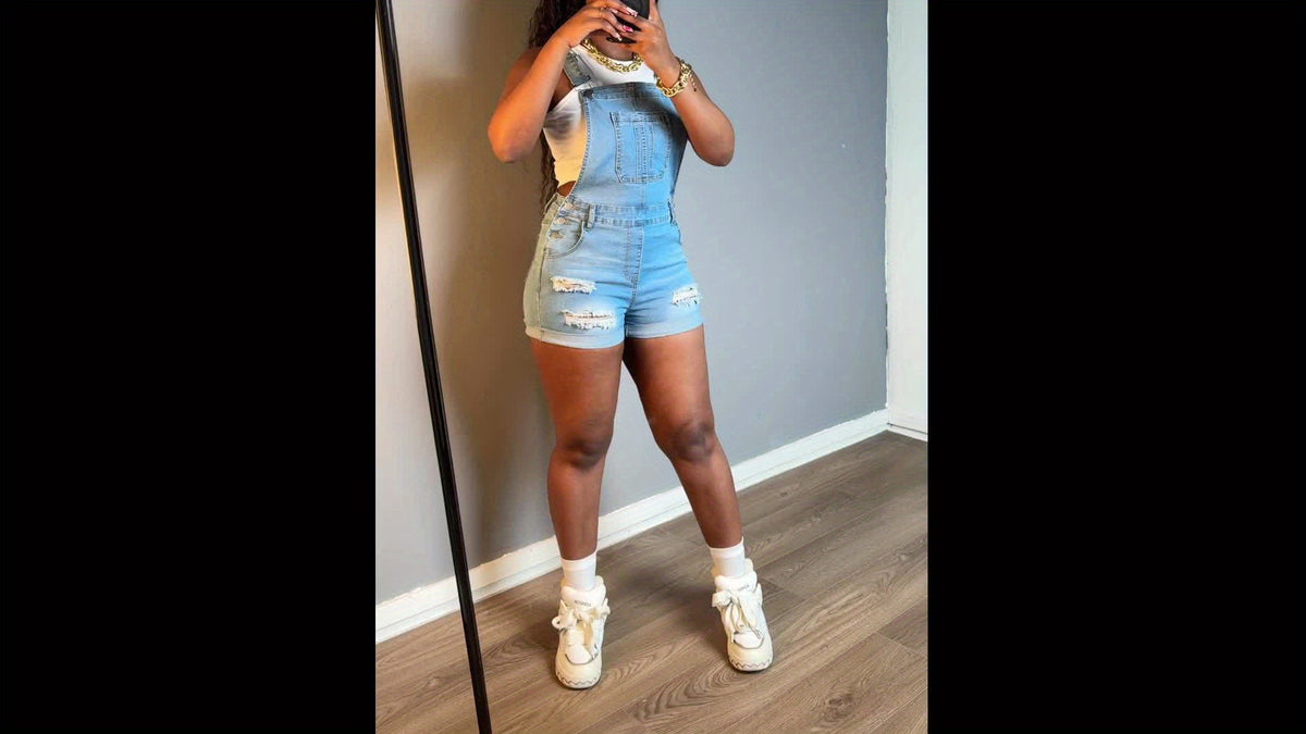 Women's Ripped Denim Romper Sleeveless Overall Slim-Fit Casual Jumpsuit with Pockets S-XXL
