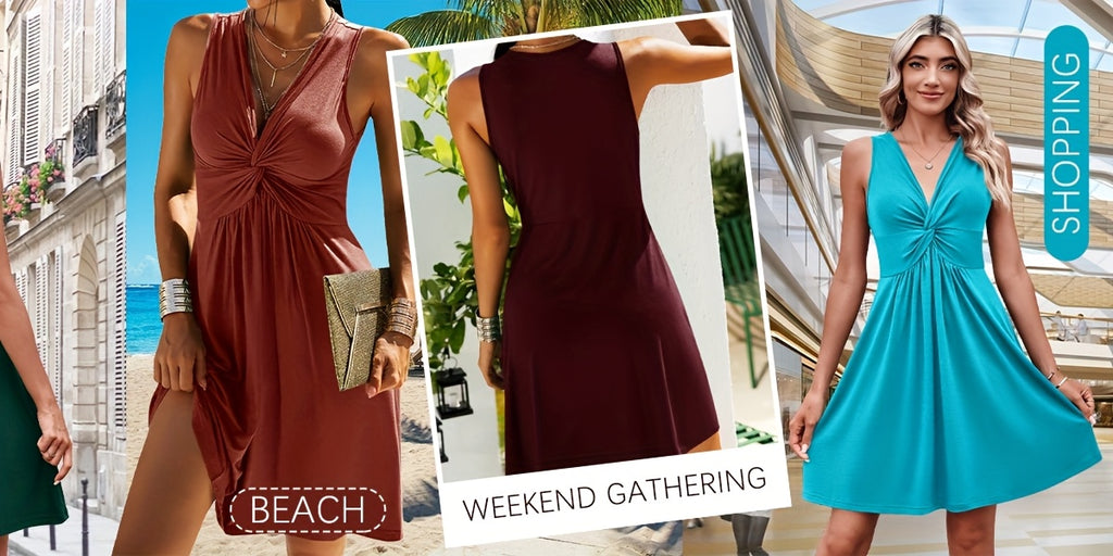 Solid Color V-Neck Knot Tank Dress Women Sleeveless A-Line Knee Length Knit Casual Summer Dress 12 Colors S-XXL