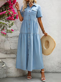 Fitted Denim Maxi Dress Women Button Detail Short Sleeve Solid Color Non-Stretch Woven Spring Summer Casual Jean Dress