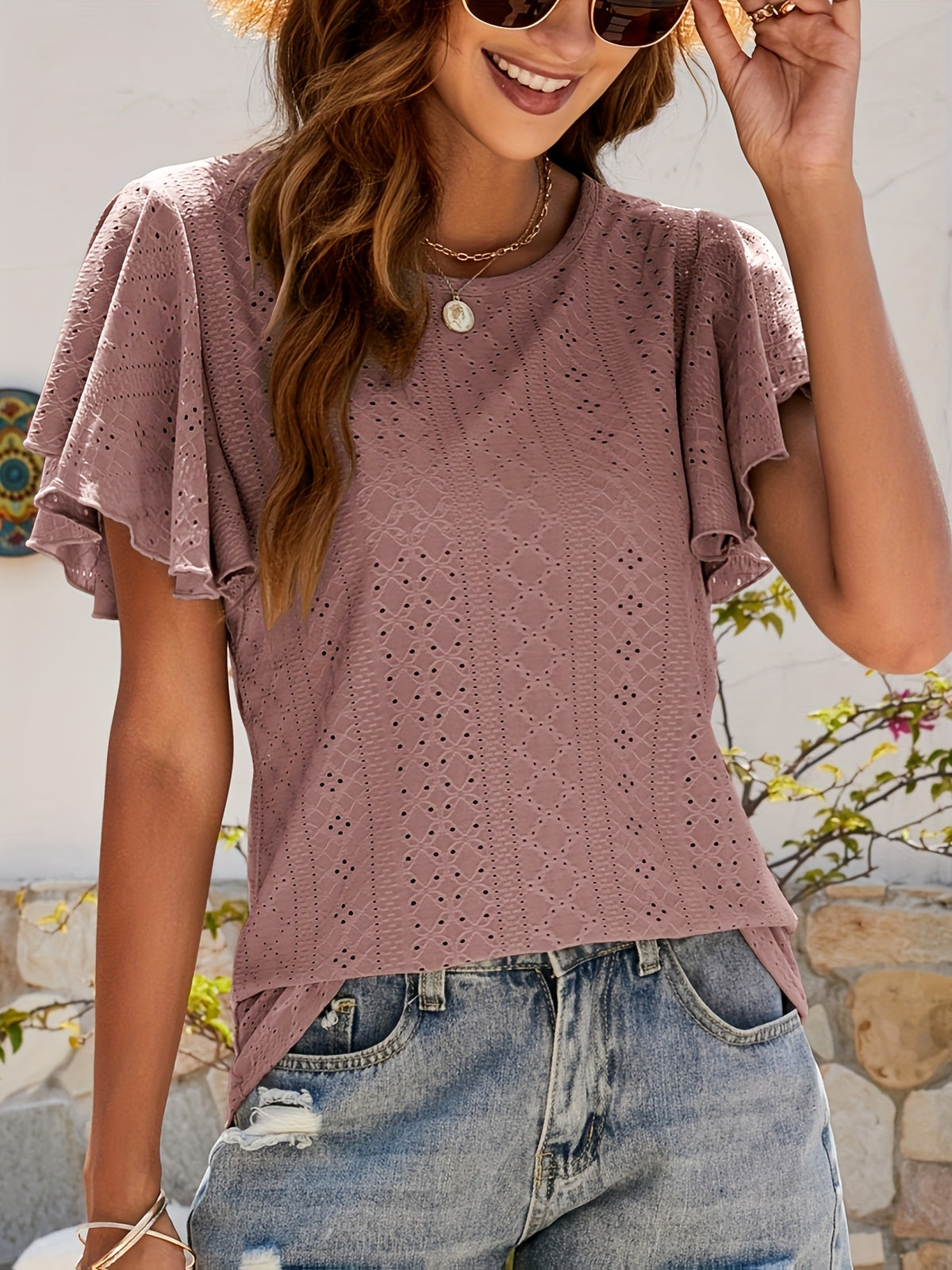 Ruffle Sleeve Hollow Out Blouse for Women | Lotus Leaf Sleeve Casual Top | Breathable Lace Trim Short Top | Chic Spring Summer Women's Shirt
