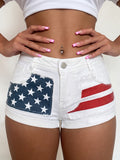 Retro Star Print Denim Shorts Women Low Waist White Washed Stripe Frayed Trim Hot Pants Casual Summer Y2K Cute Outfits