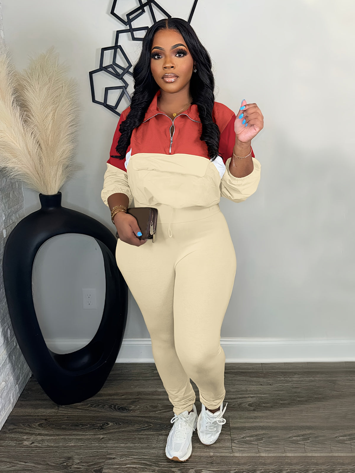 Lapel Crew Neck Sweatsuit Set for Women – Half-Zip Long Sleeve Sweatshirt & Sweatpants 2-Piece Casual Outfit, Solid Color Fall Winter Loungewear