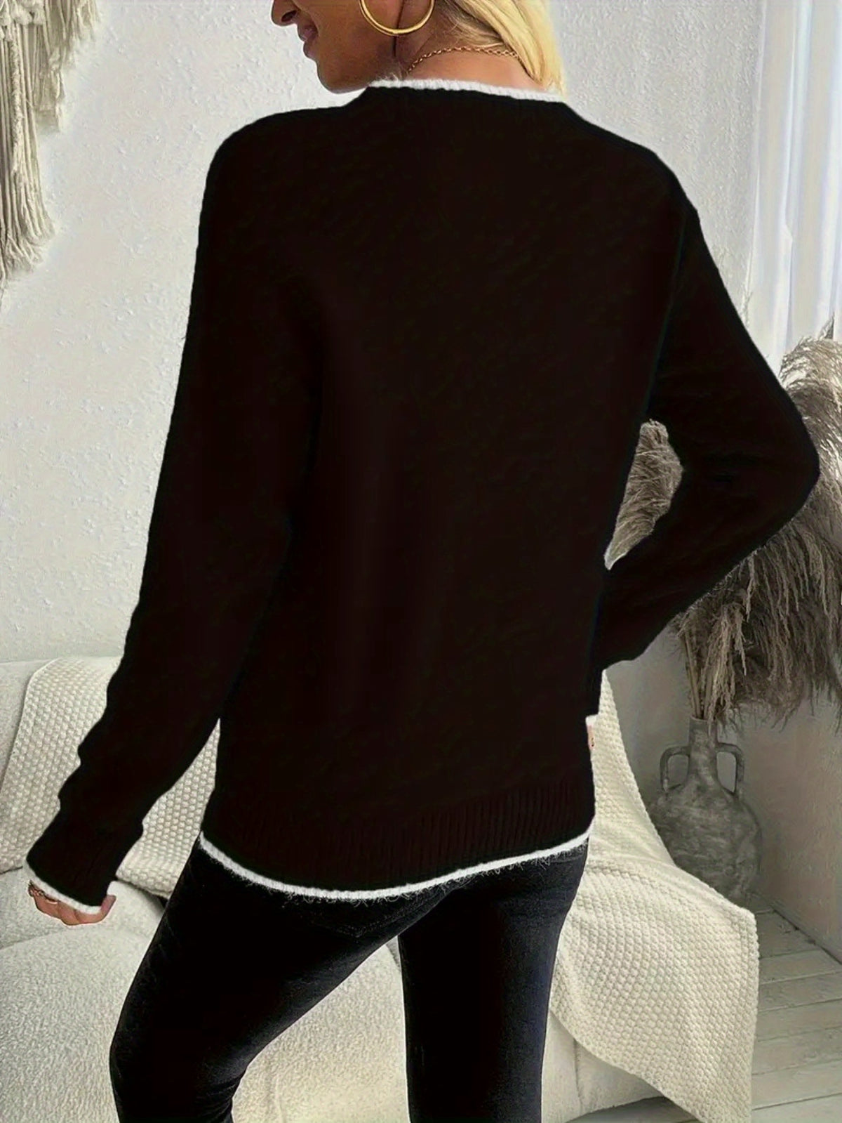 Women Snowflake Print Christmas Sweater Long Sleeve Contrast Trim Holiday Knit Pullover Festive Winter Top for Christmas Parties Ugly Sweater Season