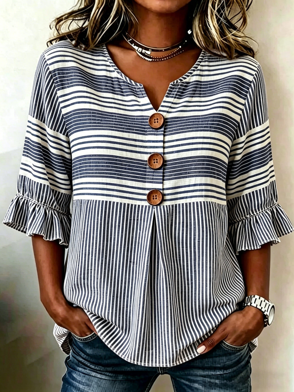 Striped V-Neck Blouse Women Ruffle 3/4 Sleeve Loose Fit Tunic Top Lightweight Linen Button Detail Summer Shirt S-2XL