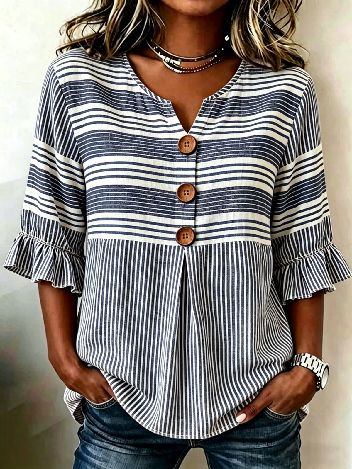 Striped V-Neck Blouse Women Ruffle 3/4 Sleeve Loose Fit Tunic Top Lightweight Linen Button Detail Summer Shirt S-2XL