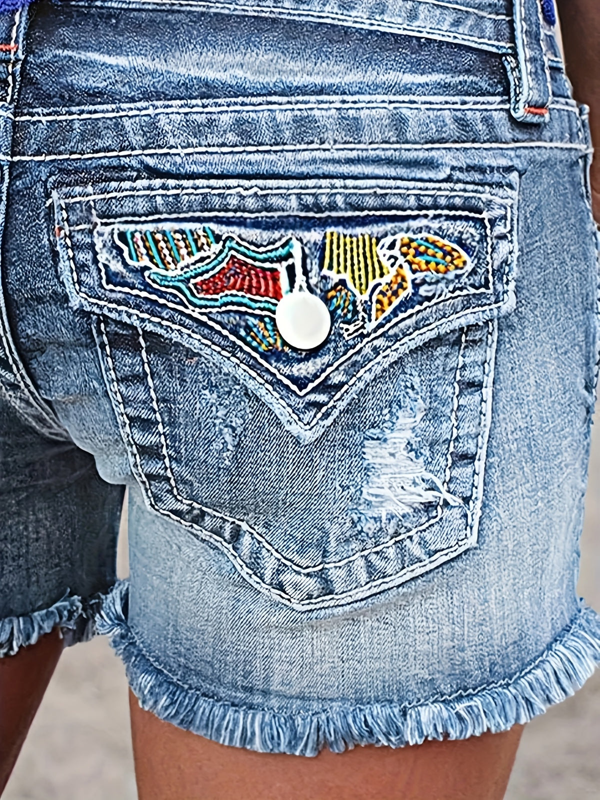Stretch Denim Shorts for Women - Retro Color Block Embroidery Mid Rise Slim Fit, Built-In Zipper Machine Washable Cotton Blue Casual Jean Shorts for Spring Summer
