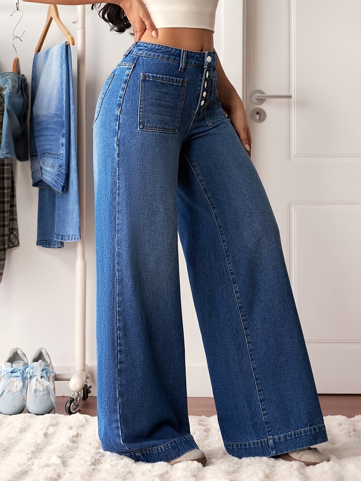 High Waisted Wide Leg Denim Pants Women Solid Blue Button-Front Stretch Fabric Casual Elegant All Season