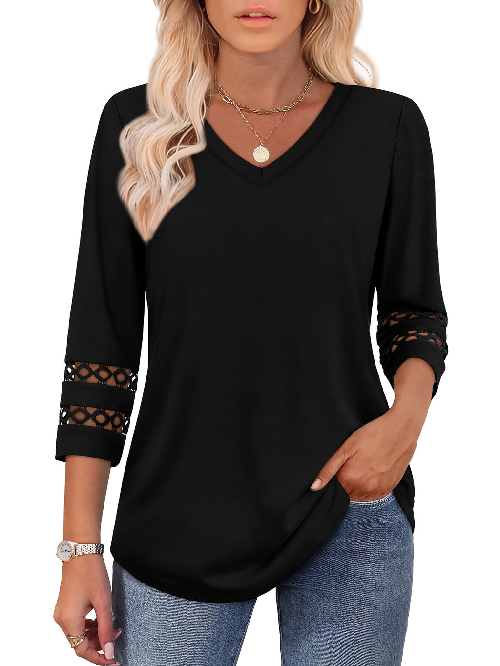 Women's V-Neck Lace 3/4 Sleeve Top Casual Knit Blouse Three-Quarter Sleeve Solid Color Shirt