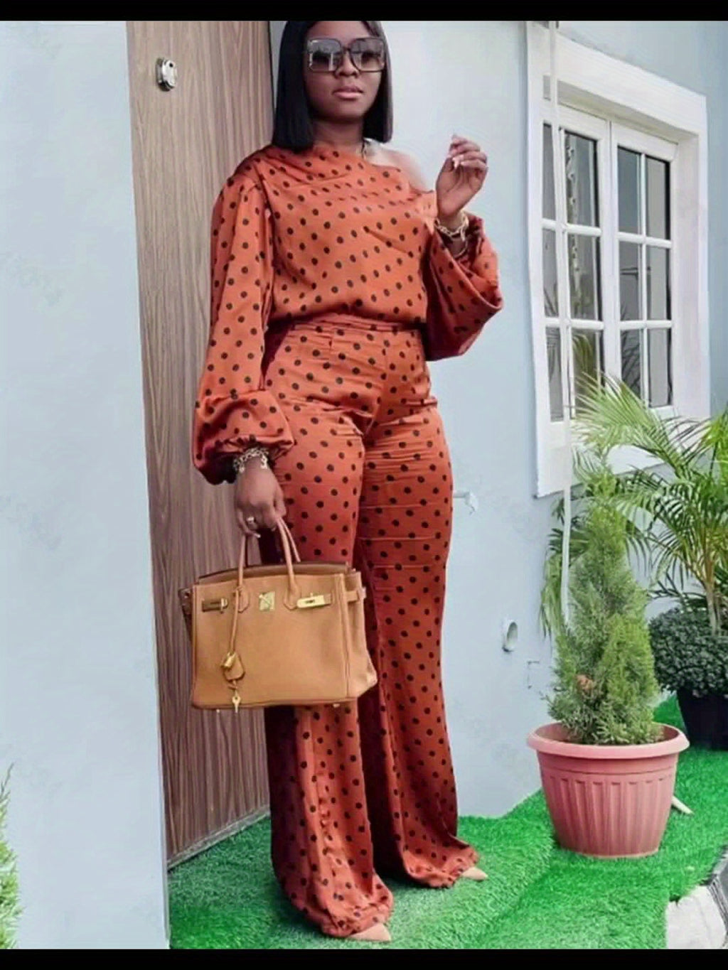 Polka Dot Off-Shoulder 2-Piece Set for Women - Long Sleeve Top & Wide-Leg Pants Loose Casual Matching Outfit