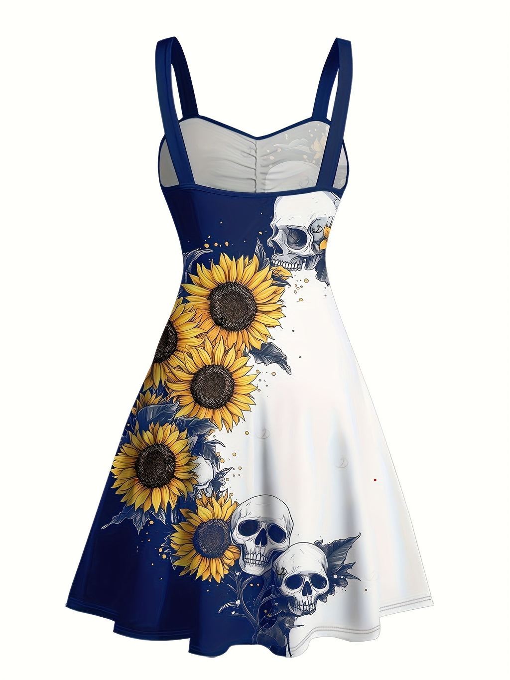 Gothic Sunflower Skull A-Line Mini Dress Women Sweetheart Spaghetti Strap Colorblock Ruched Belt Retro Halloween Dress S-XXL