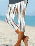 Vertical Stripe Printed Leggings for Women – Abstract Line Design, Micro Stretch 95% Polyester, Casual Beach Wear, White, Sizes S-XXL, Spring Summer Fall