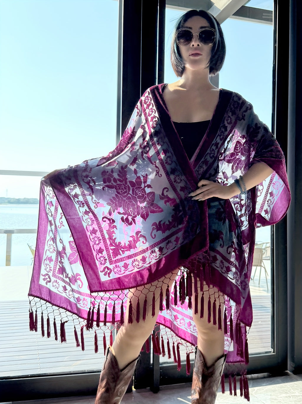 Boho Burnout Velvet Kimono Women Long Cardigan Cover Up Tassel Floral Embroidered One Size
