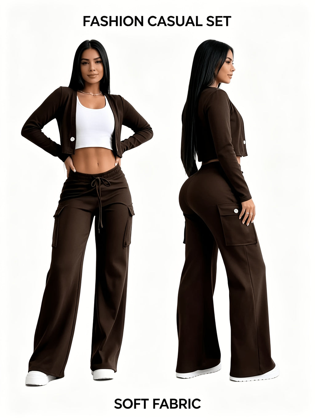 Women's 2 Piece Set Green Cardigan & Camouflage Cargo Pants Y2K Style V-Neck Button Blazer Belted Waist Streetwear Outfit