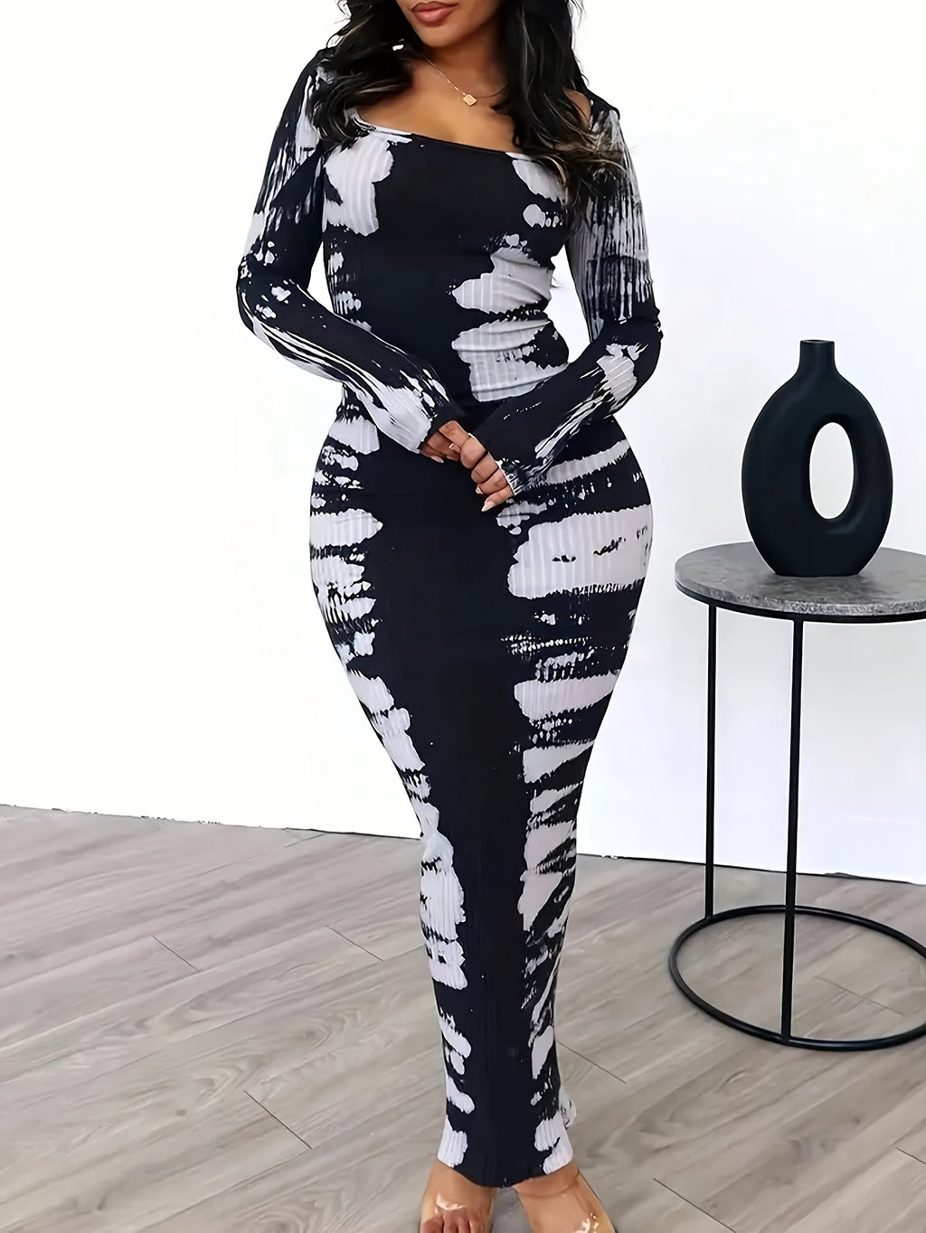 Tie-Dye Bodycon Maxi Dress Women Long Sleeve Ankle Length Contrasting Print Figure-Hugging Sexy Elegant Long Dress