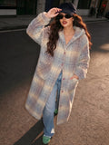 Two-Tone Plaid Hooded Jacket Women Long Thickened Warm Winter Coat Zip Up Sweatshirt Home Fleece Outerwear Multi Color S-XL Gray Pink Black Grid