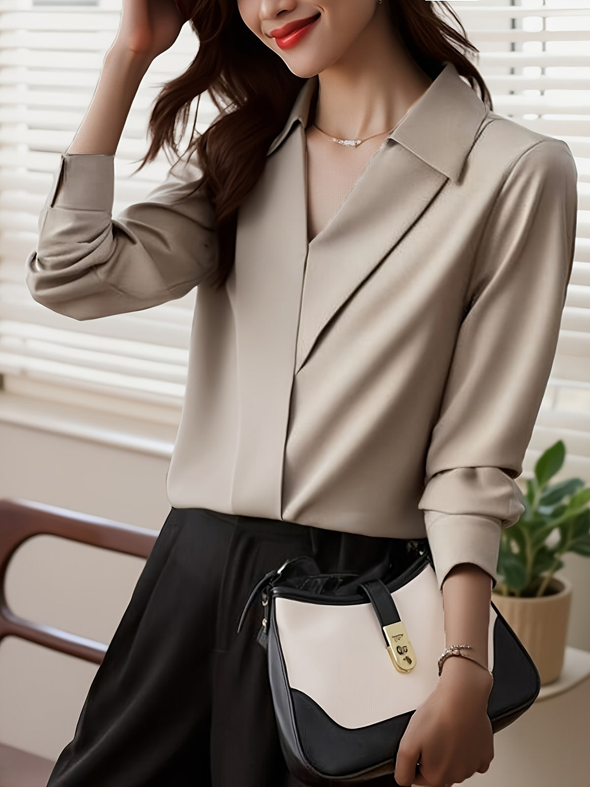 Satin Silky Lapel Blouse for Women | Solid Chiffon Cardigan Shirt | Elegant Lightweight Button-Up Top | Versatile Undershirt Layering Blouse Women