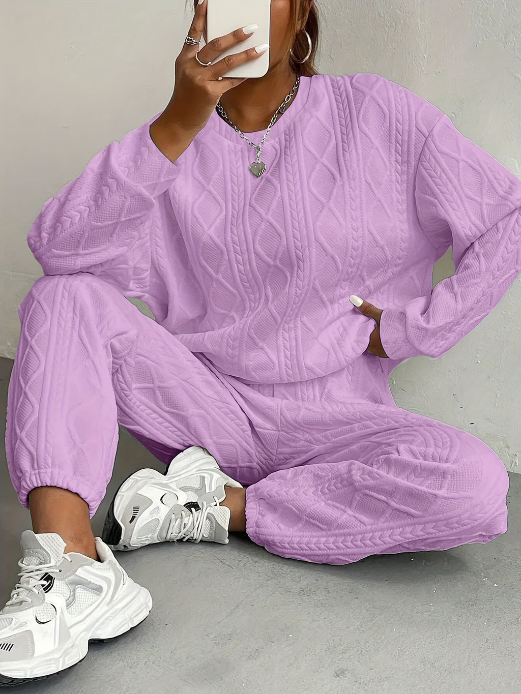 Jacquard Cable-Knit 2 Piece Set Women Round Neck Sweatshirt and Trousers Matching Outfit - Loose Fit Fall Winter Co-ord