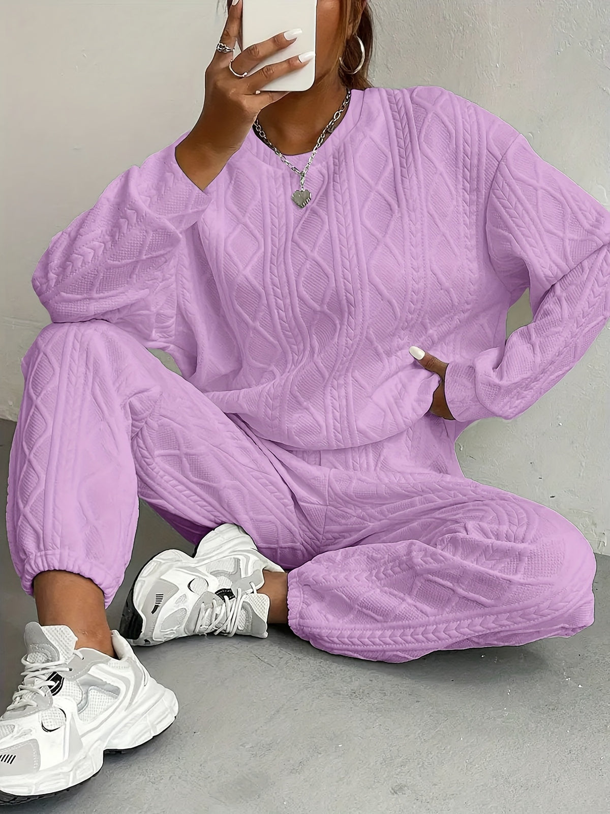 Jacquard Cable-Knit 2 Piece Set Women Round Neck Sweatshirt and Trousers Matching Outfit - Loose Fit Fall Winter Co-ord