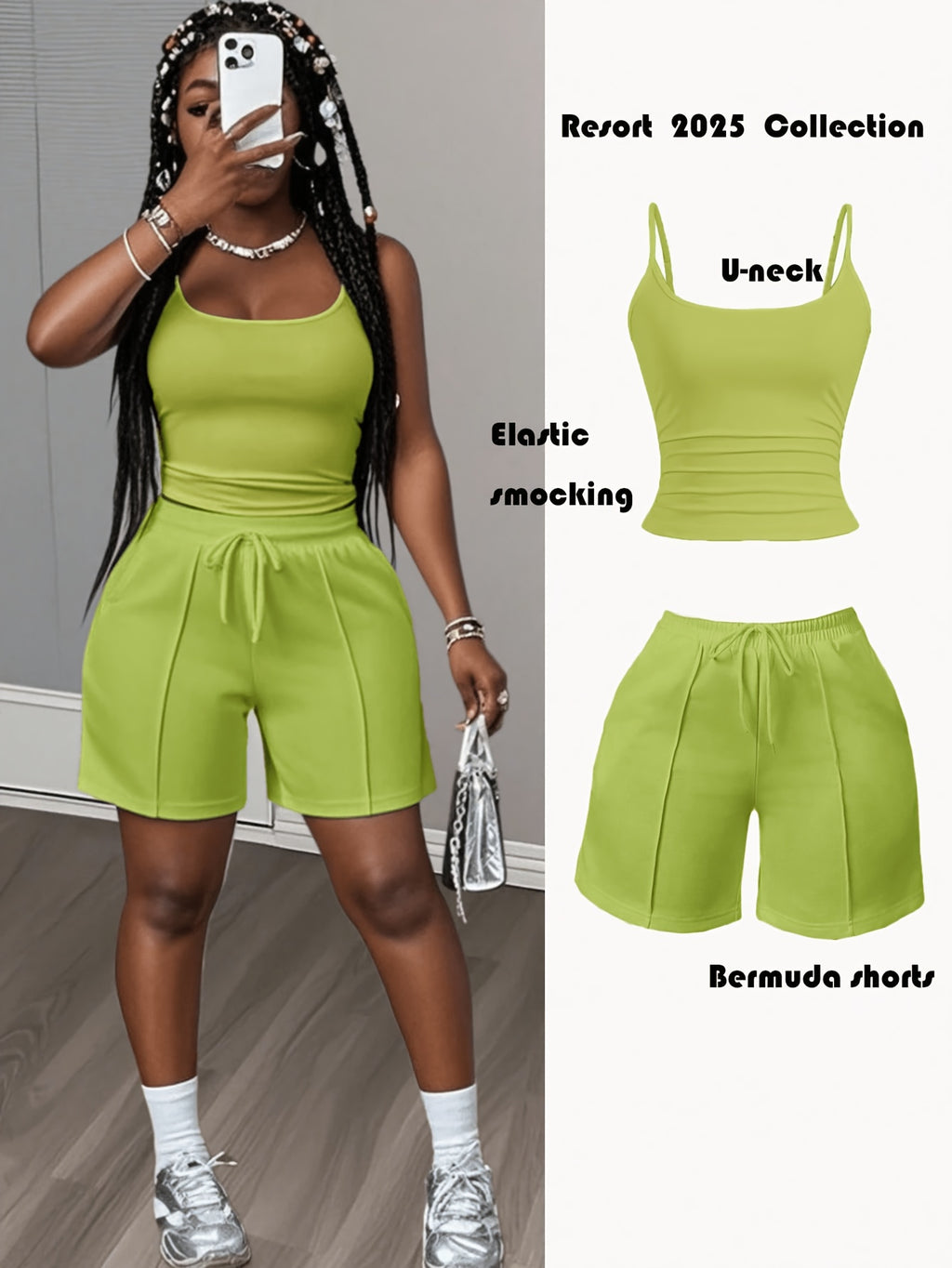 Cami Tank Top Sweat Shorts 2 Piece Set Women Slim Athletic Lounge Outfit Pockets Drawstring Athleisure Daily Wear S-XXL