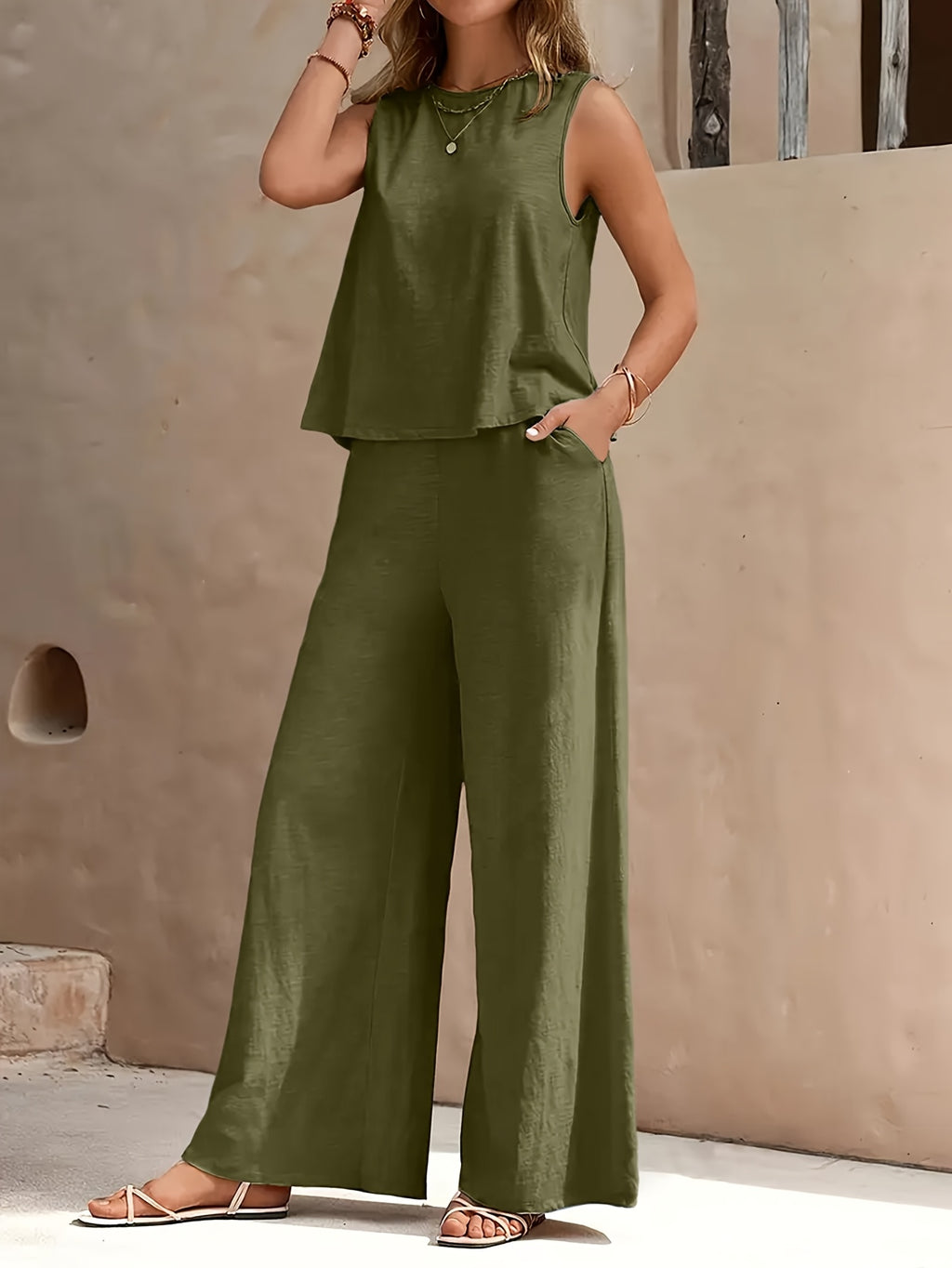 Red Sleeveless Top and Wide Leg Pants 2 Piece Set for Women – Solid Color Smooth Fabric Casual Elegant, Spring Summer, Sizes S-XXL