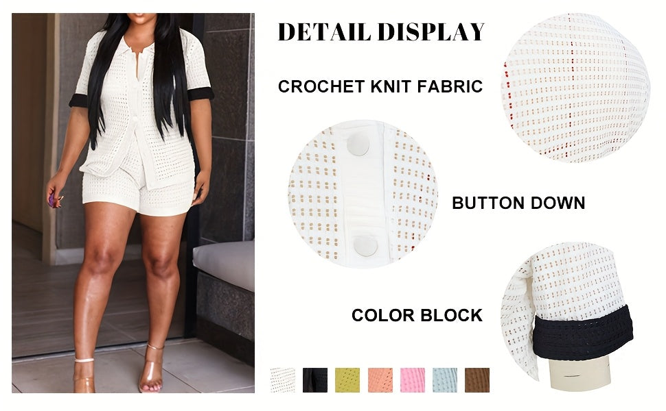Women's Y2K Crochet 2pcs Set Color-Block Cut-Out Button Shirt & Shorts Summer Beach Club Vacation Outfit Knit Matching Set