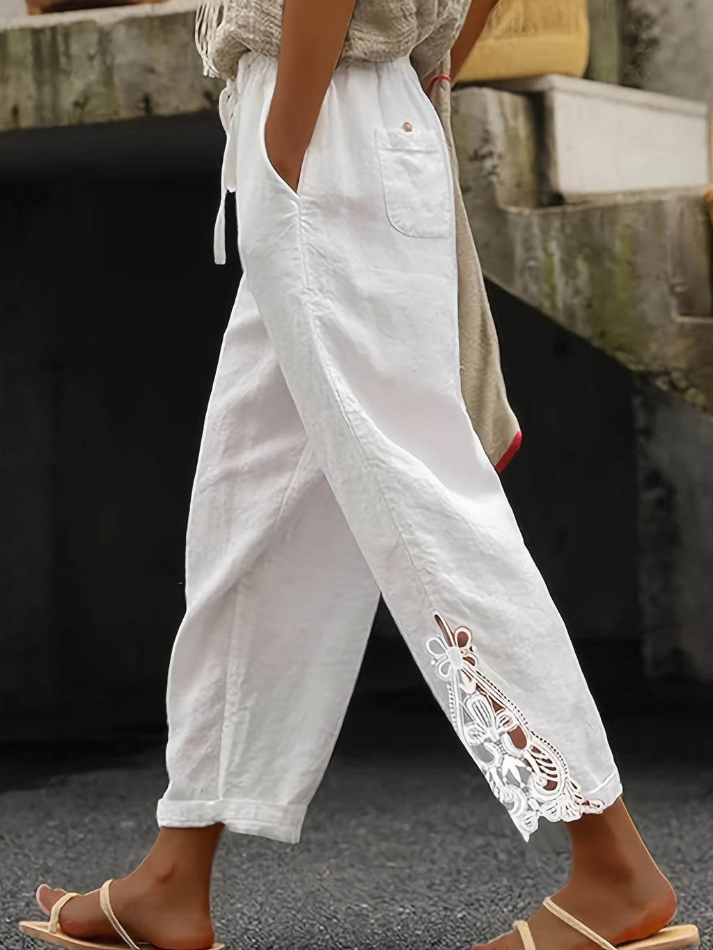 Lace Trim Wide Leg Pants Women High Waist Drawstring Casual Nine-Point Pants White Khaki Black Grey S-XXL