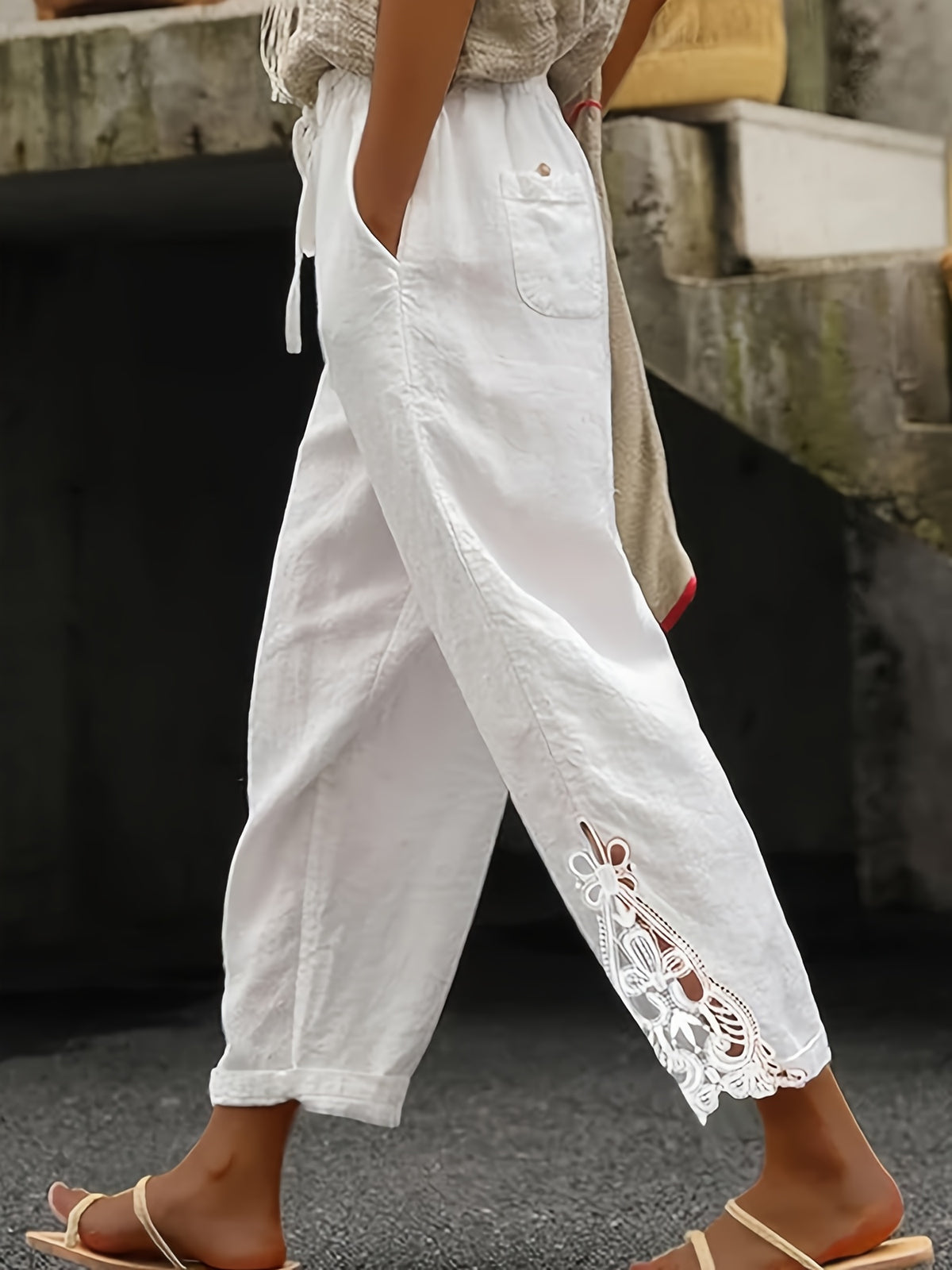 Lace Trim Wide Leg Pants Women High Waist Drawstring Casual Nine-Point Pants White Khaki Black Grey S-XXL