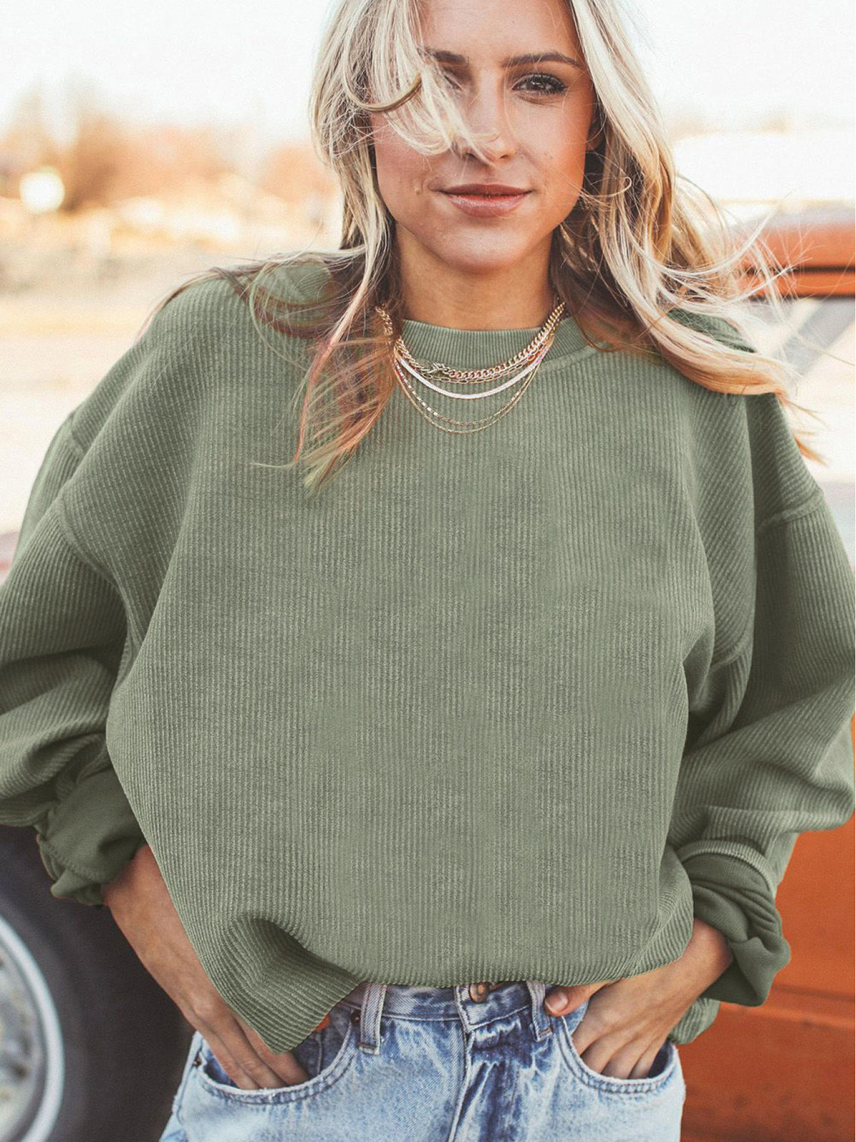 Women Vintage Loose Fit Sweatshirt Round Neck Long Sleeve Pullover Casual Cozy