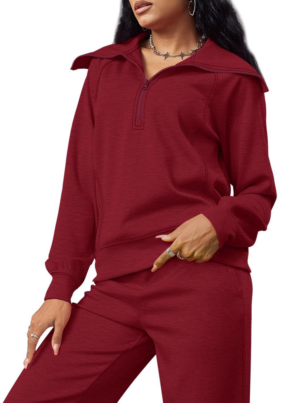 Zipper Sweatshirt Wide-Leg Pants 2 Piece Set Women Casual Tracksuit Outfit for Spring Fall - Loose Fit Jogger Co-ord Set
