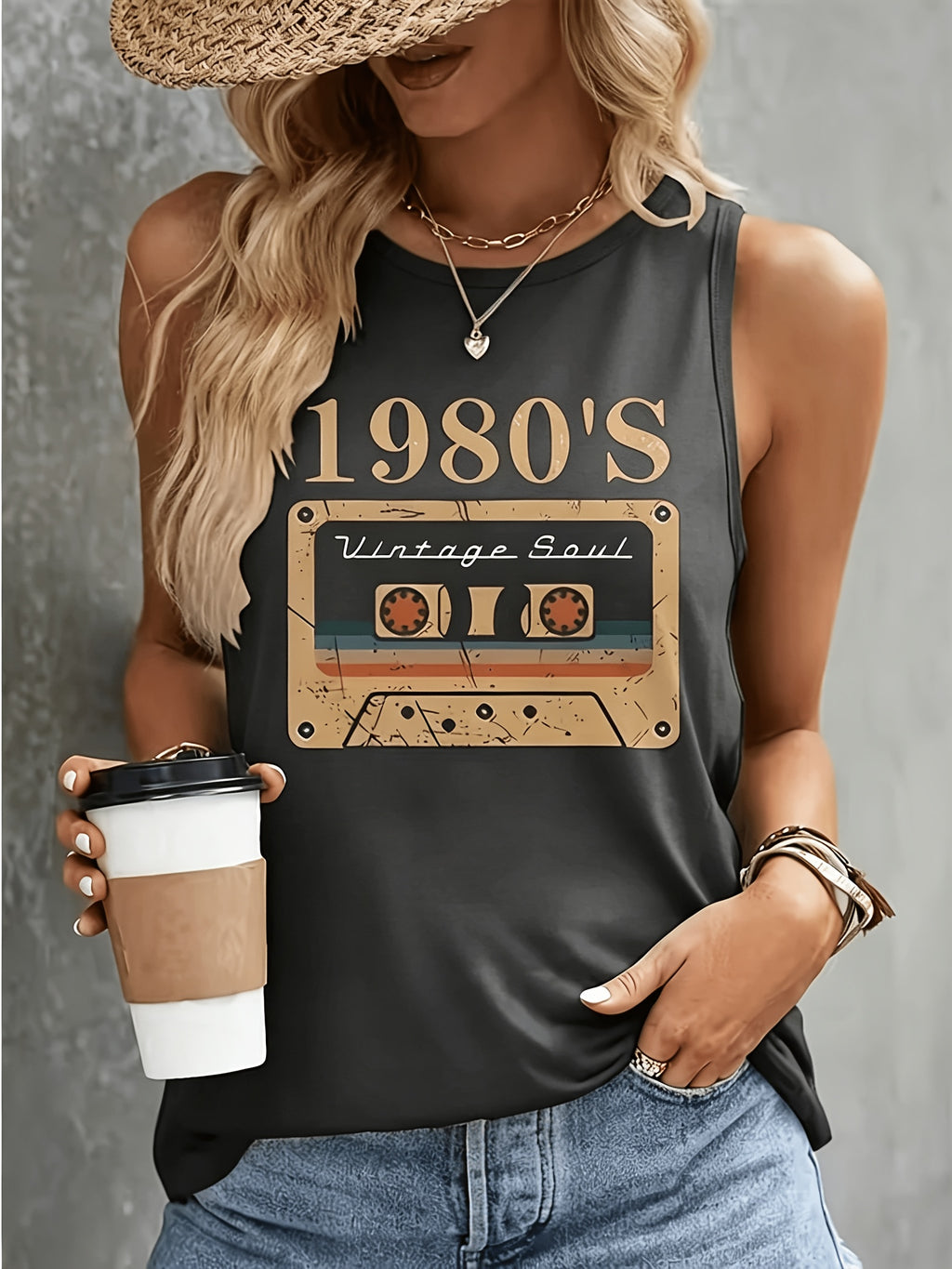 1980s Vintage Cassette Graphic Tank Top Women Retro Print Sleeveless Tee Casual Summer Beach Vacation Party Top