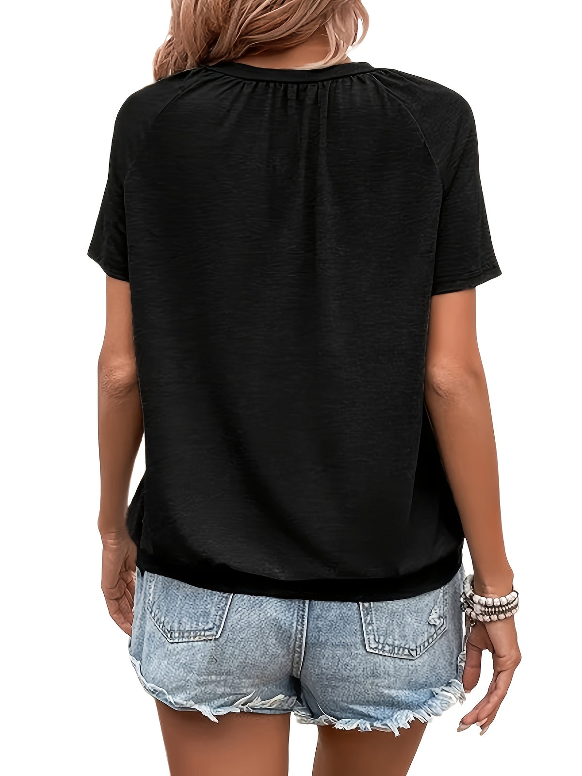 Women's V-Neck Pleated Knit Short Sleeve T-Shirt Casual Solid Color Top Lightweight 180gsm S-XXL