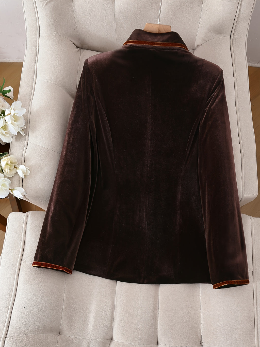 Dark Brown Velvet Blazer Women Contrast Piping Single Breasted Long Sleeve Elegant Casual Social Occasion