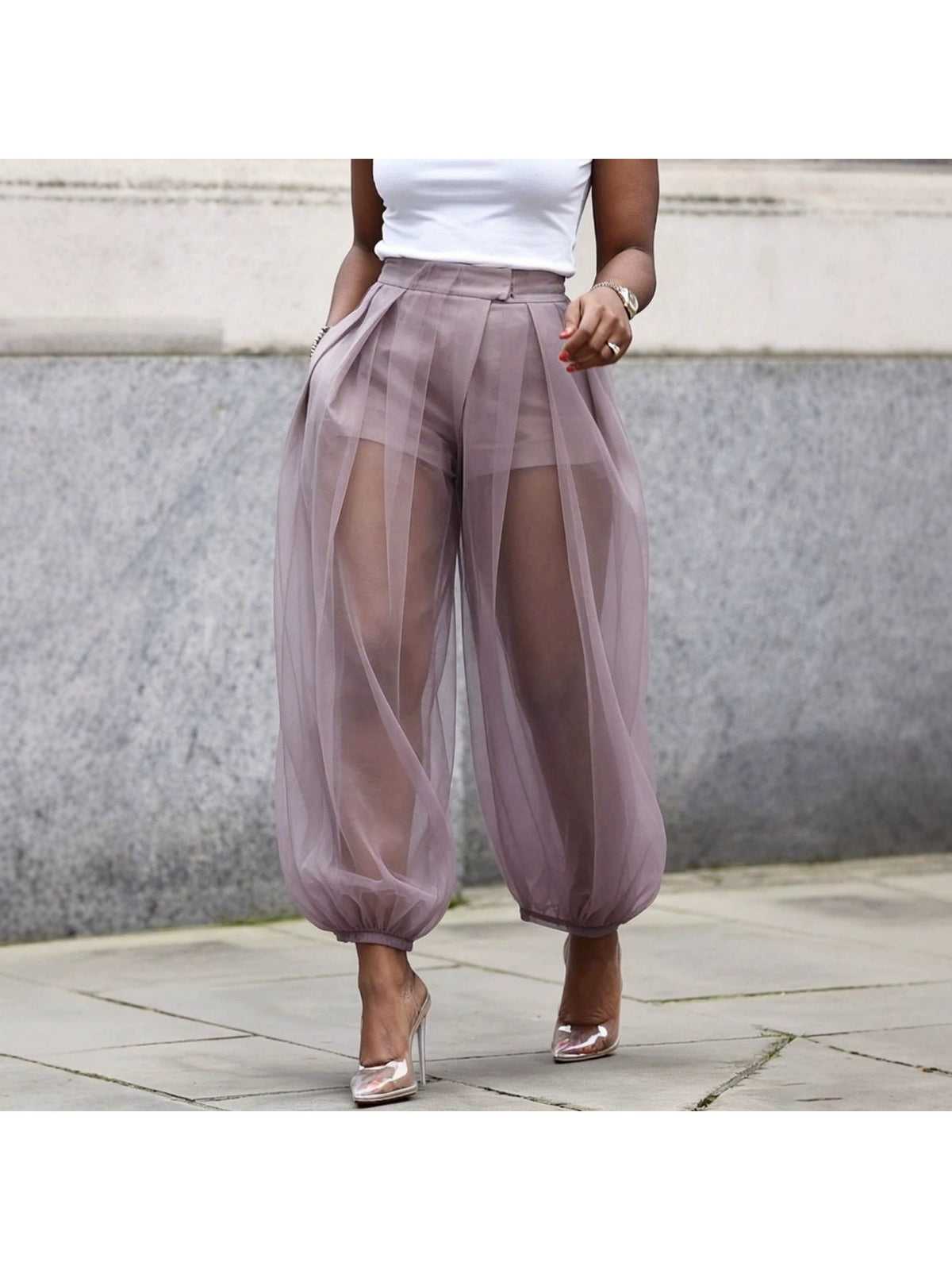 Mesh Tulle Harem Pants Women High Waist Built-In Shorts Balloon Wide Leg Trousers Solid Color Pockets Spring Summer Casual 9/10 Length S-XXL
