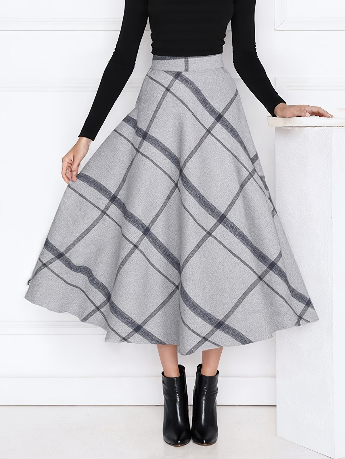 Wool Plaid Maxi Skirt Women A-Line Pleated Elastic Waist Fall Winter Long Skirt Grey M-XXL