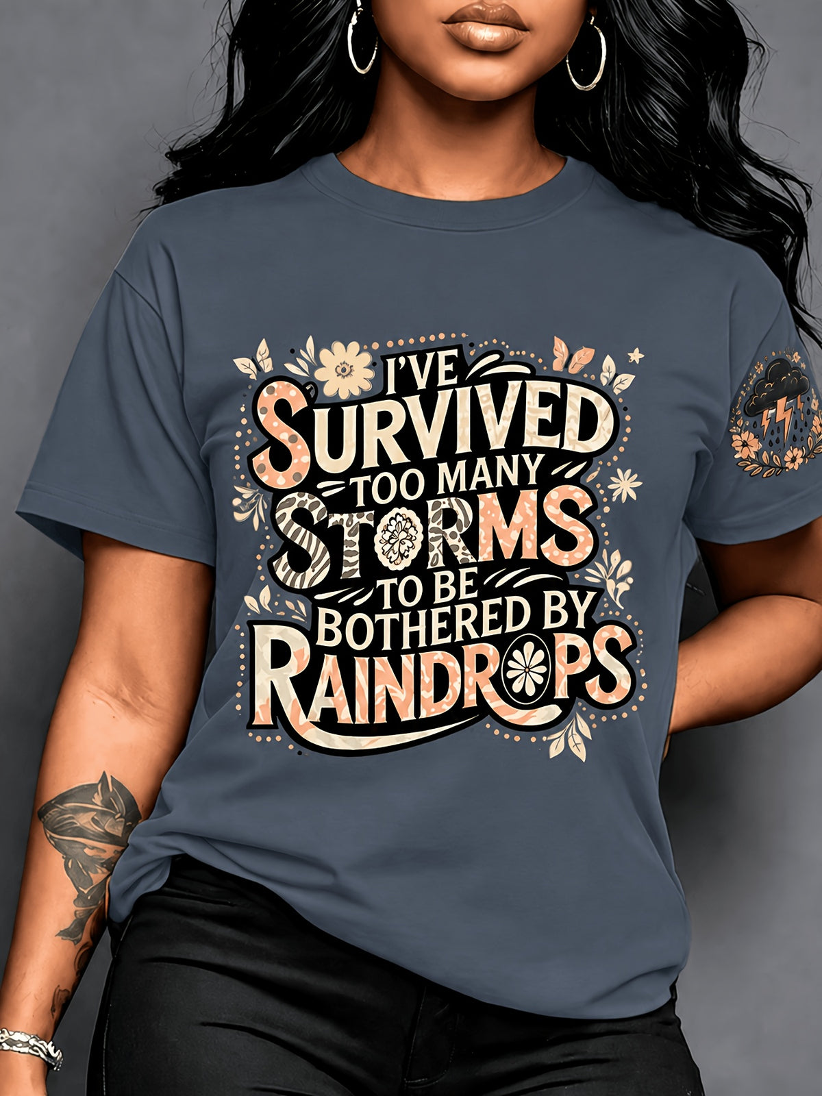 Women's Casual Graphic Crew Neck T-Shirt 'I've Survived Too Many Storms' Print | Maternity Clothes Ladies Top Opaque Fabric Seasonal Fashion